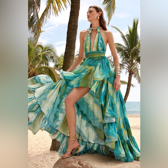 Bronx and Banco Dresses & Skirts - Bronx and Banco Palma Coastal Gown Teal & Lime Halter High-Low Ruffle Maxi Dress